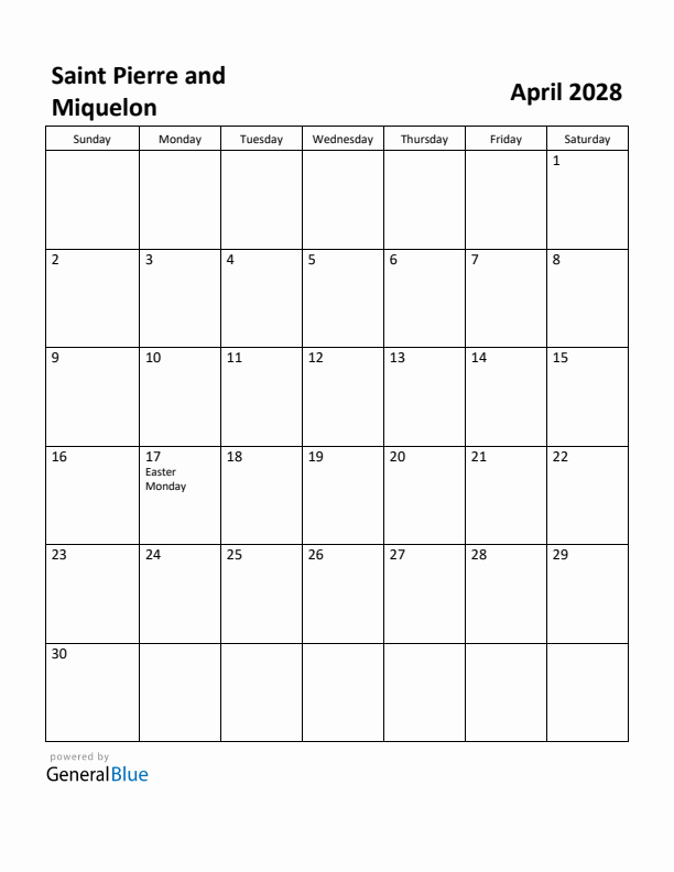 April 2028 Calendar with Saint Pierre and Miquelon Holidays