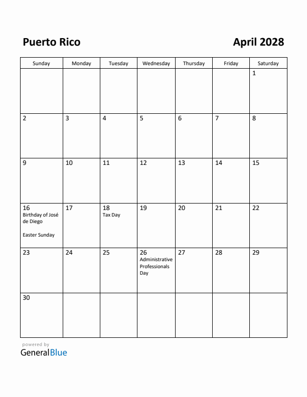 April 2028 Calendar with Puerto Rico Holidays