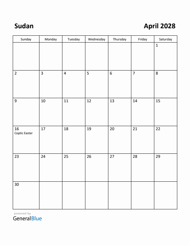 April 2028 Calendar with Sudan Holidays