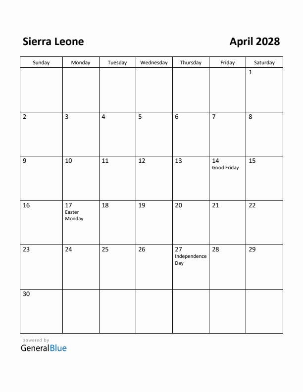 April 2028 Calendar with Sierra Leone Holidays