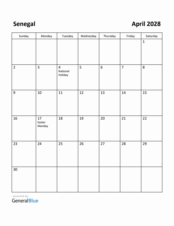 April 2028 Calendar with Senegal Holidays