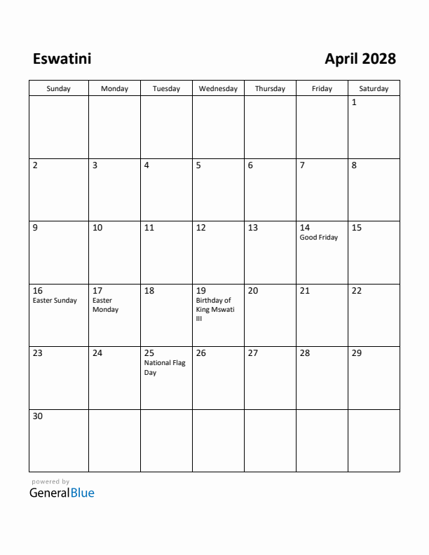 April 2028 Calendar with Eswatini Holidays