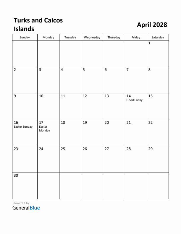 April 2028 Calendar with Turks and Caicos Islands Holidays