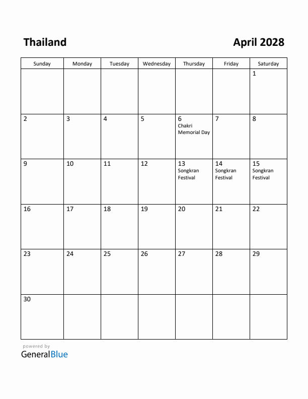 April 2028 Calendar with Thailand Holidays