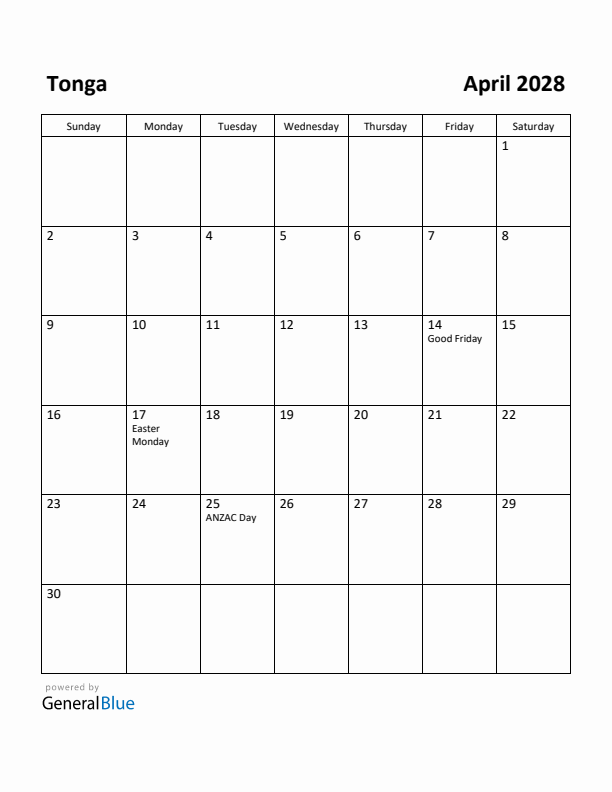 April 2028 Calendar with Tonga Holidays