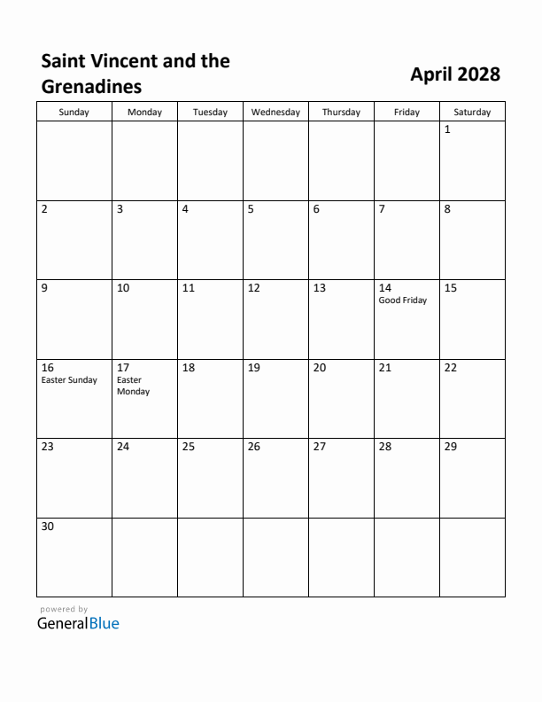 April 2028 Calendar with Saint Vincent and the Grenadines Holidays