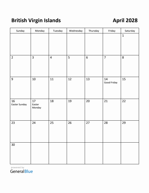 April 2028 Calendar with British Virgin Islands Holidays