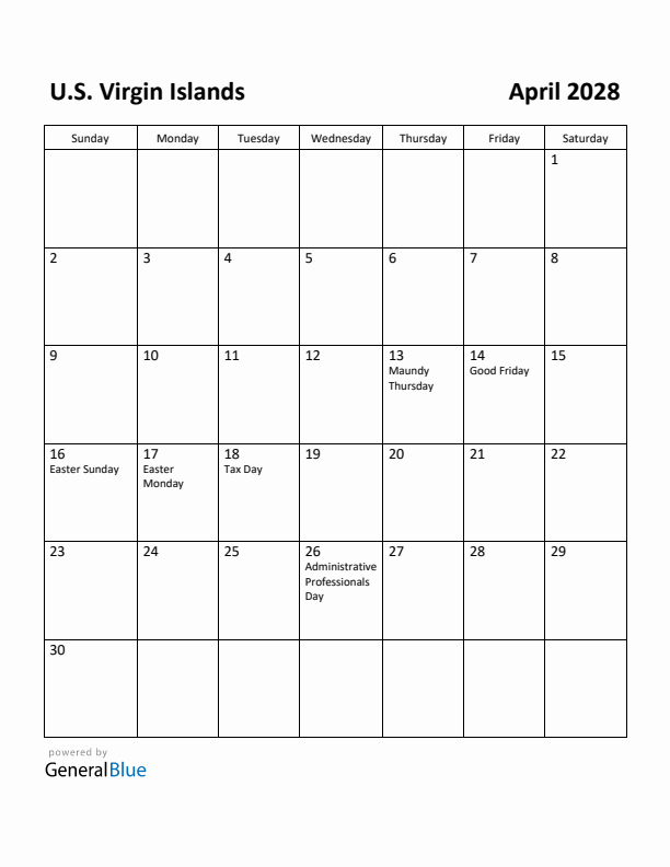 April 2028 Calendar with U.S. Virgin Islands Holidays