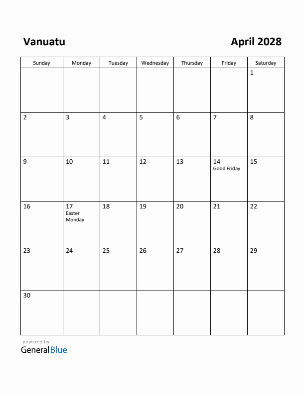 April 2028 Calendar with Vanuatu Holidays