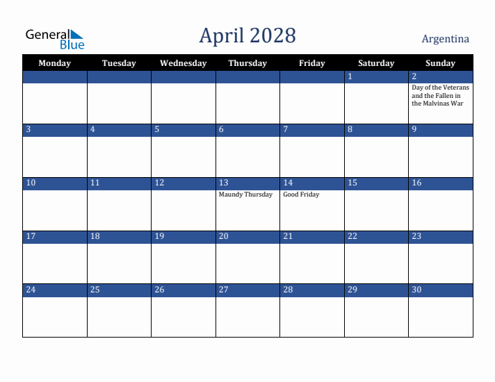 April 2028 Argentina Calendar (Monday Start)