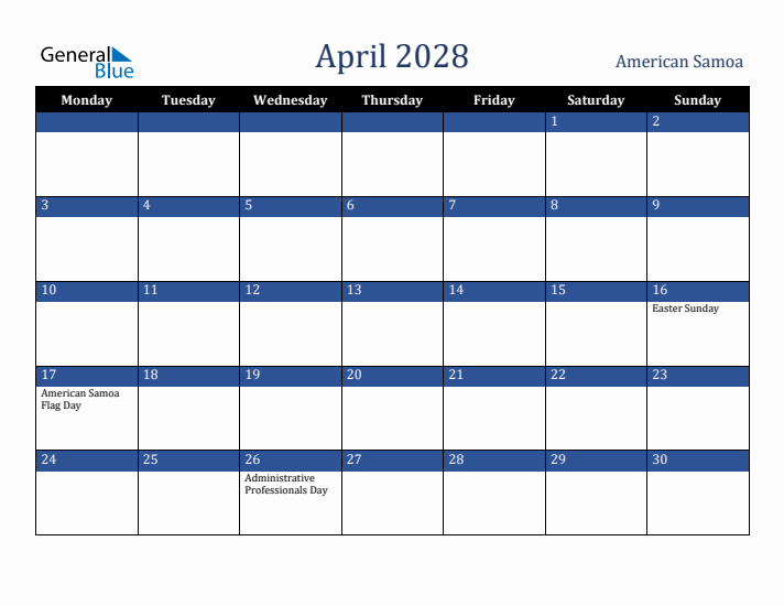 April 2028 American Samoa Calendar (Monday Start)