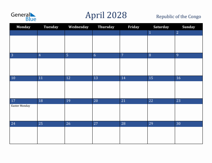 April 2028 Republic of the Congo Calendar (Monday Start)