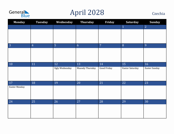 April 2028 Czechia Calendar (Monday Start)