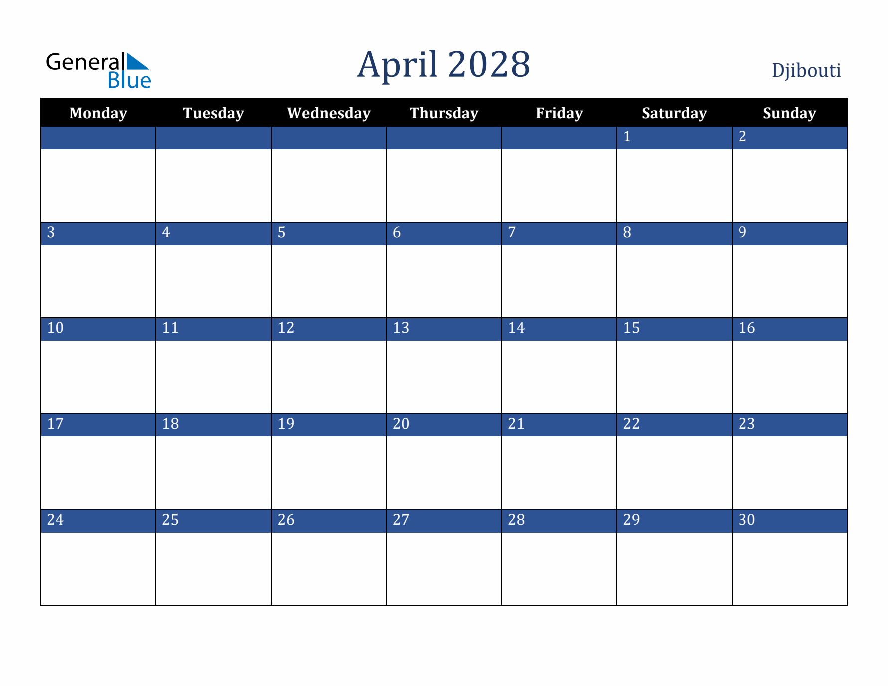 April 2028 Djibouti Calendar (Monday Start)
