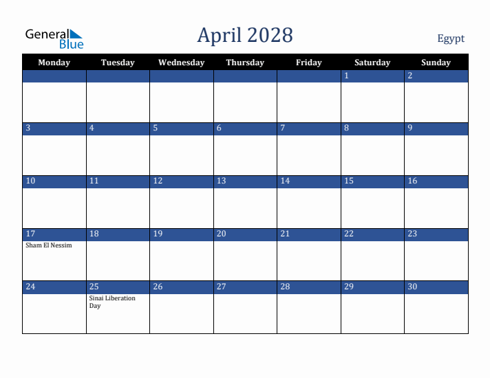 April 2028 Egypt Calendar (Monday Start)