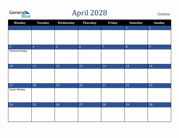 April 2028 Guinea Calendar (Monday Start)