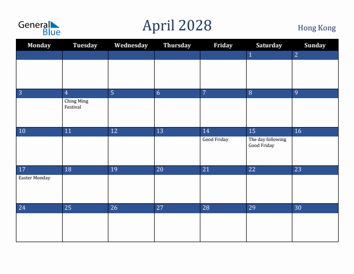 April 2028 Hong Kong Calendar (Monday Start)