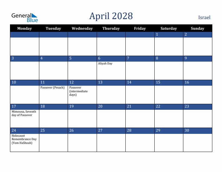 April 2028 Israel Calendar (Monday Start)