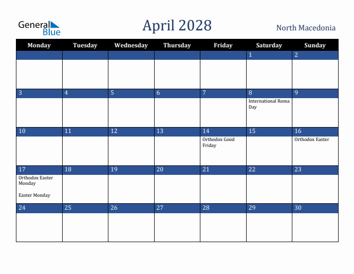 April 2028 North Macedonia Calendar (Monday Start)