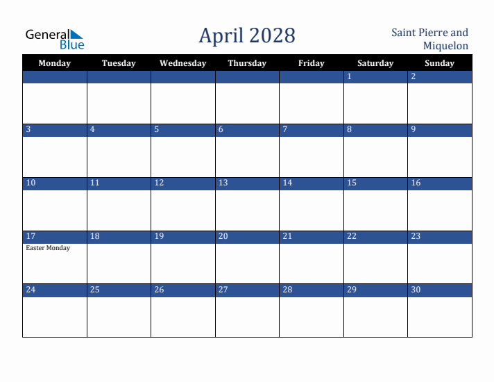 April 2028 Saint Pierre and Miquelon Calendar (Monday Start)