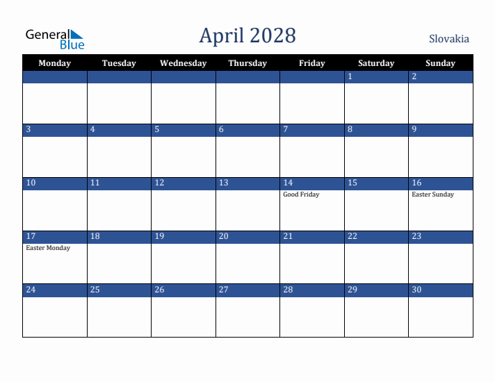 April 2028 Slovakia Calendar (Monday Start)