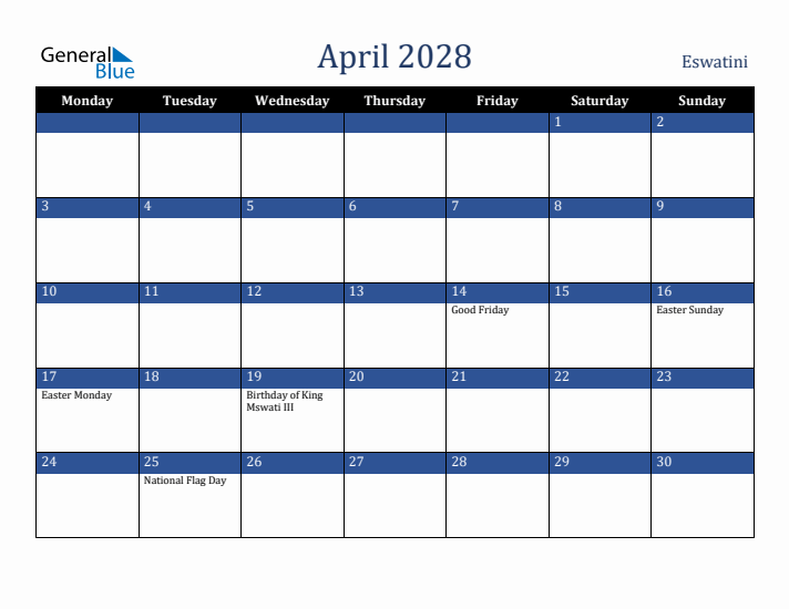 April 2028 Eswatini Calendar (Monday Start)
