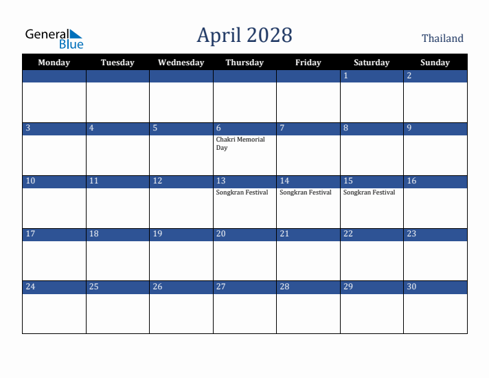 April 2028 Thailand Calendar (Monday Start)