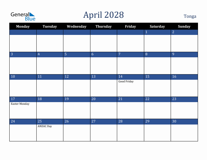 April 2028 Tonga Calendar (Monday Start)