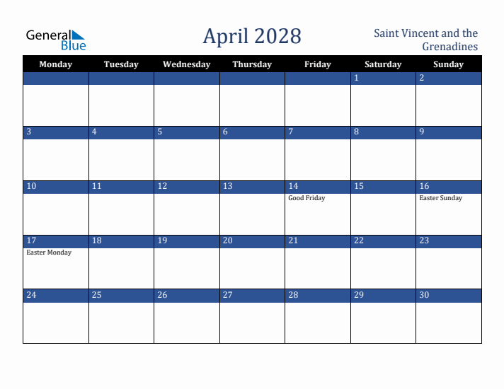 April 2028 Saint Vincent and the Grenadines Calendar (Monday Start)