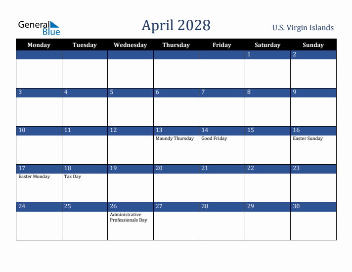 April 2028 U.S. Virgin Islands Calendar (Monday Start)