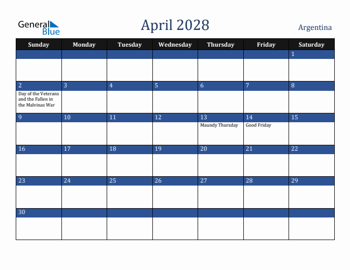 April 2028 Argentina Calendar (Sunday Start)