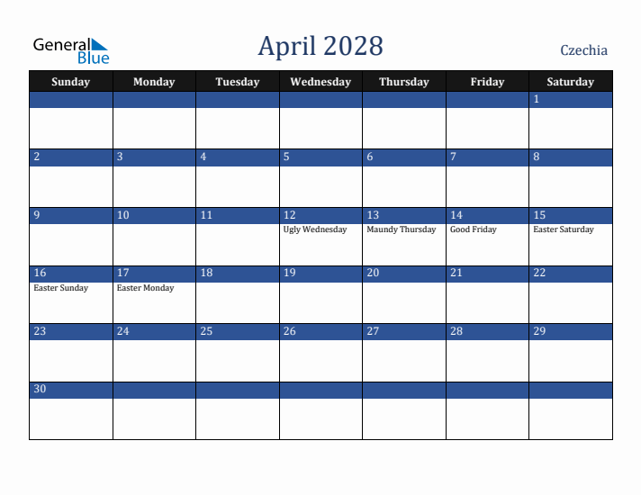 April 2028 Czechia Calendar (Sunday Start)