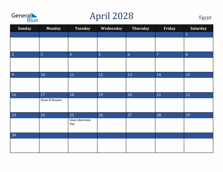 April 2028 Egypt Calendar (Sunday Start)