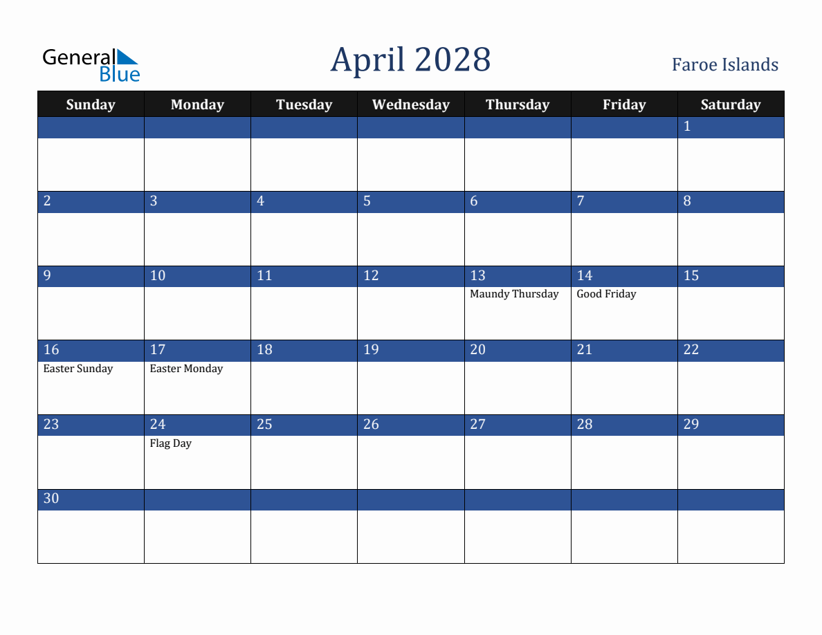 April 2028 Faroe Islands Holiday Calendar