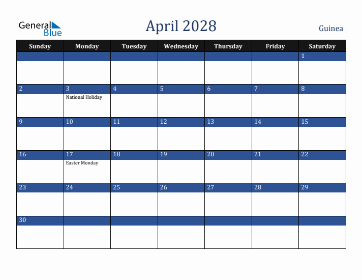April 2028 Guinea Calendar (Sunday Start)