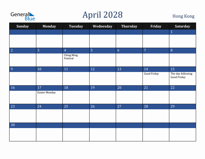 April 2028 Hong Kong Calendar (Sunday Start)