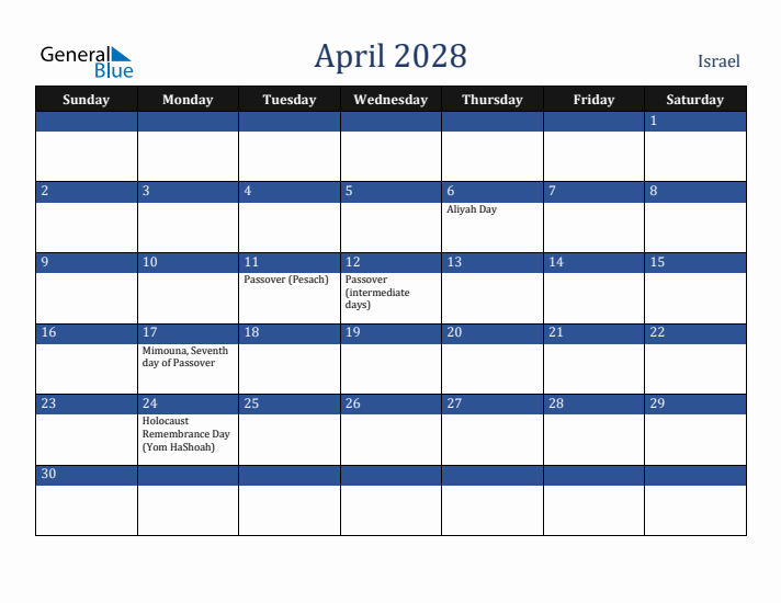 April 2028 Israel Calendar (Sunday Start)