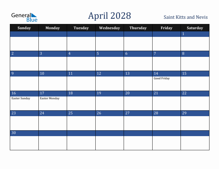 April 2028 Saint Kitts and Nevis Calendar (Sunday Start)