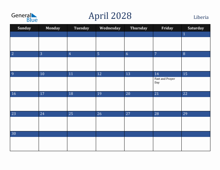 April 2028 Liberia Calendar (Sunday Start)