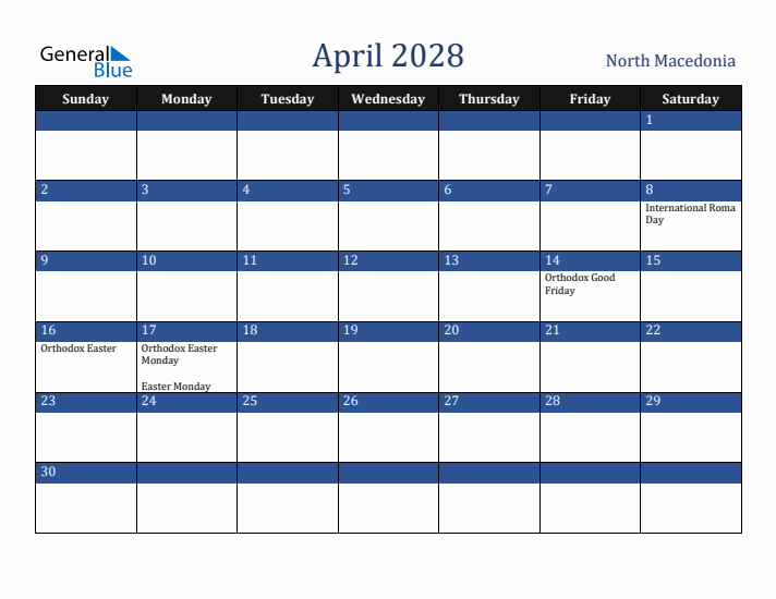April 2028 North Macedonia Calendar (Sunday Start)