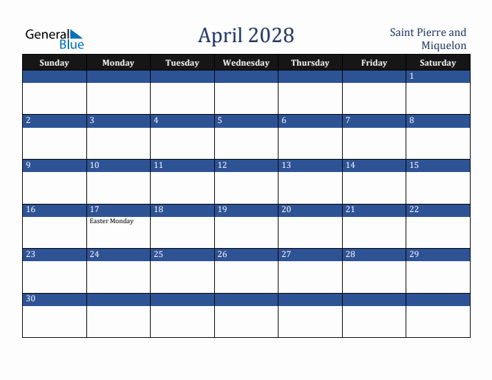 April 2028 Saint Pierre and Miquelon Calendar (Sunday Start)