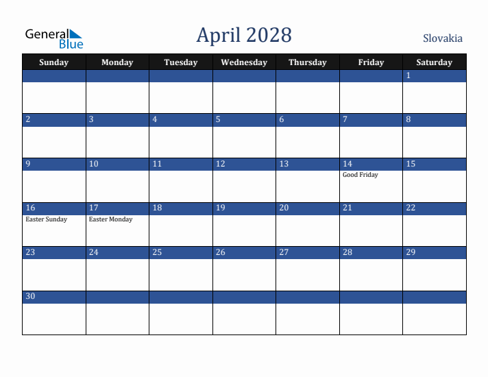 April 2028 Slovakia Calendar (Sunday Start)