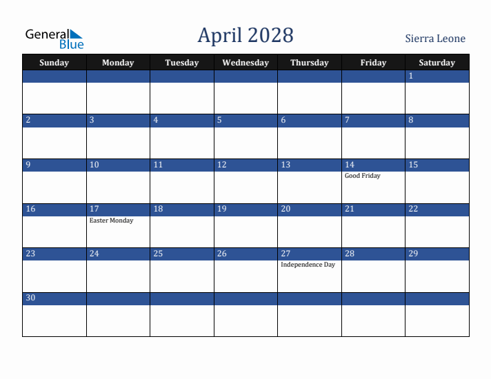 April 2028 Sierra Leone Calendar (Sunday Start)