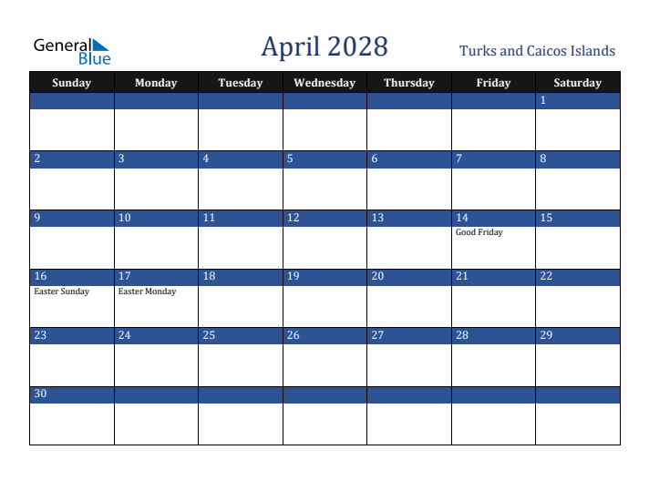 April 2028 Turks and Caicos Islands Calendar (Sunday Start)