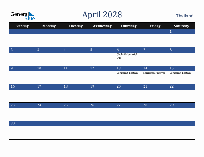 April 2028 Thailand Calendar (Sunday Start)