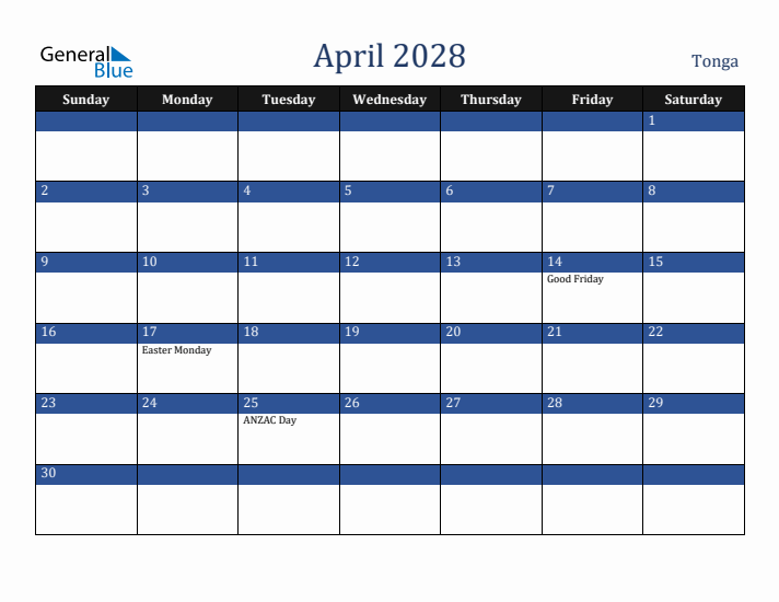 April 2028 Tonga Calendar (Sunday Start)