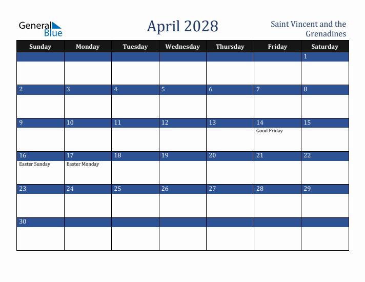 April 2028 Saint Vincent and the Grenadines Calendar (Sunday Start)