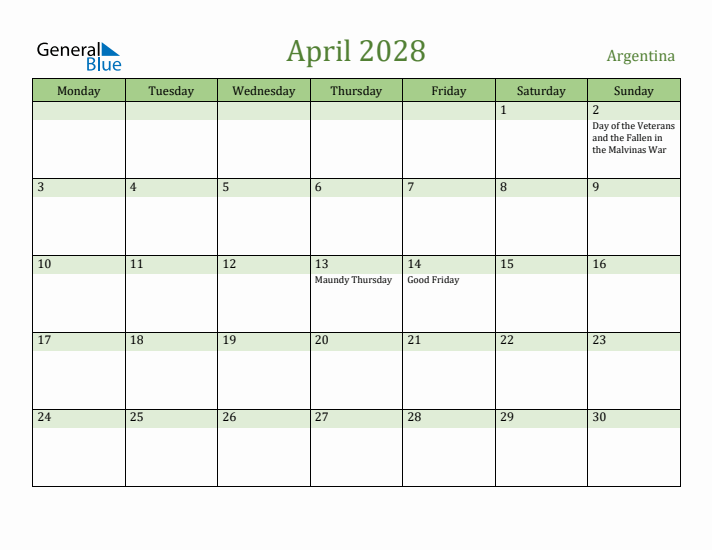 April 2028 Calendar with Argentina Holidays