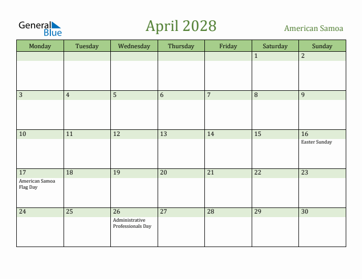 April 2028 Calendar with American Samoa Holidays