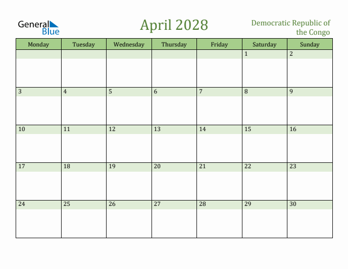 April 2028 Calendar with Democratic Republic of the Congo Holidays